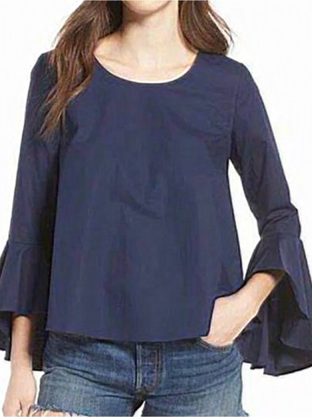 Soprano Cotton Navy Ruffled Bell Sleeve Scoop Neck Blouse Modern Chic - Medium